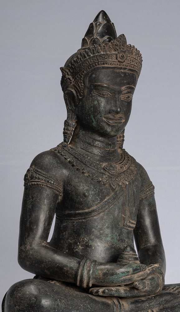 Statua di Buddha - Statua di Buddha da meditazione Amitabha seduto in bronzo in stile Khmer antico - 55 cm/22"