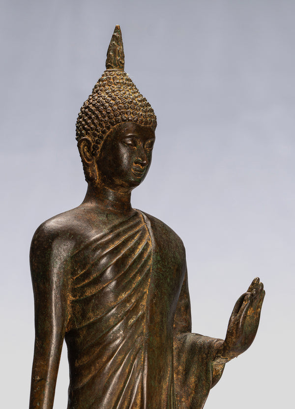 Antique Sukhothai Style Standing Bronze Protection Walking Buddha Statue - 58cm/23&quot;