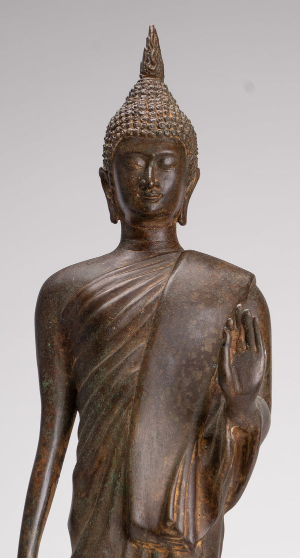 Antique Sukhothai Style Standing Bronze Thai Protection Walking Buddha Statue - 57cm/23"
