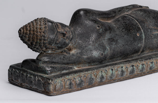 Buddha Statue - Antique Thai Style SE Asia Bronze Reclining Nirvana Buddha Statue - 42cm/17" Long