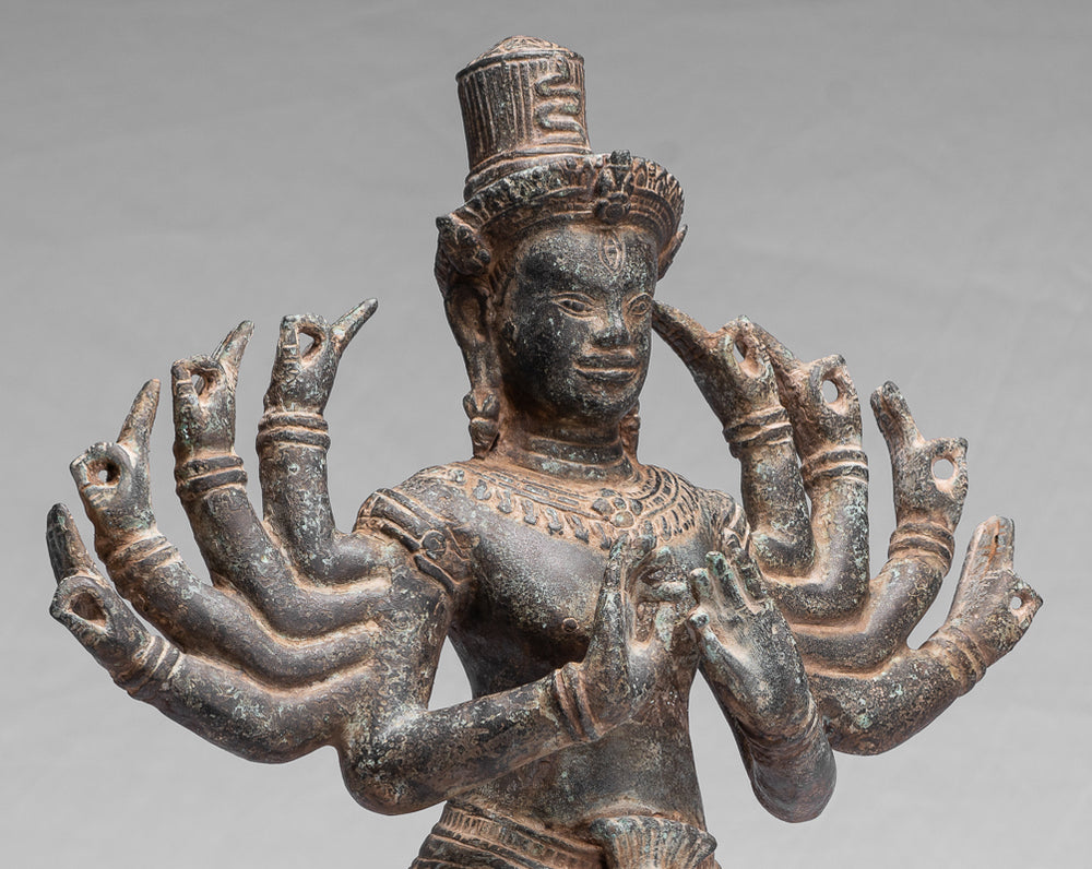 Shiva Statue - Antique Khmer Style Bronze Post-Bayon Ardhaparyanka Shiva - 10 Arms - 50cm/20"