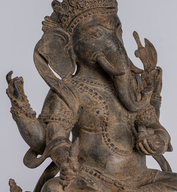 Ganesha Statue - Antique Javanese Style Bronze Seated Majapahit Ganesha Statue - 36cm/14"