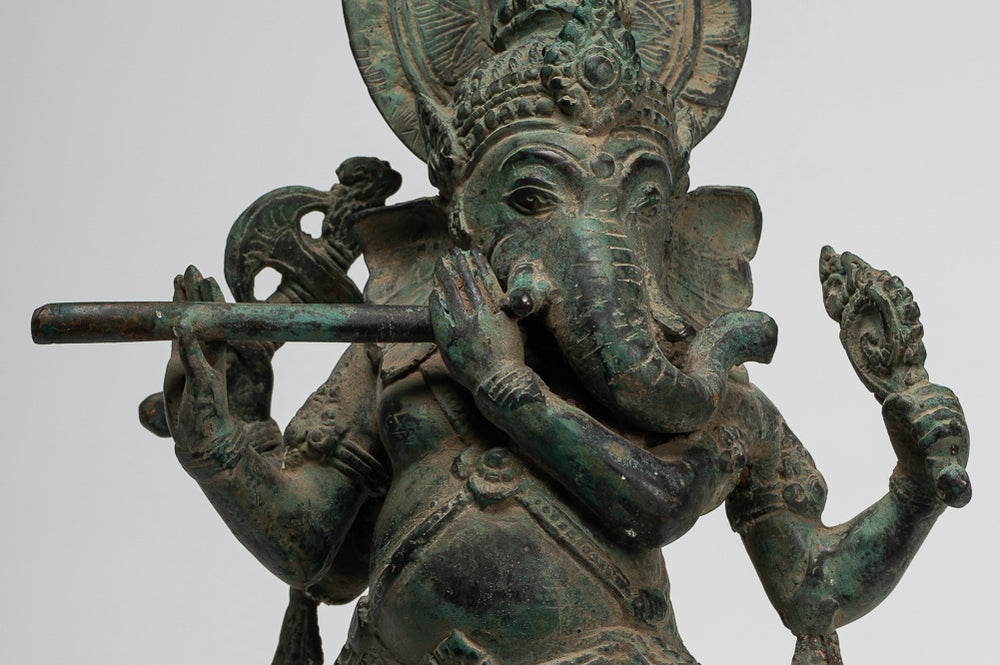 Ganesha Statue - Antique Javanese Style Bronze Dancing Indonesian Ganesha Statue Playing Flute - 37cm/15"