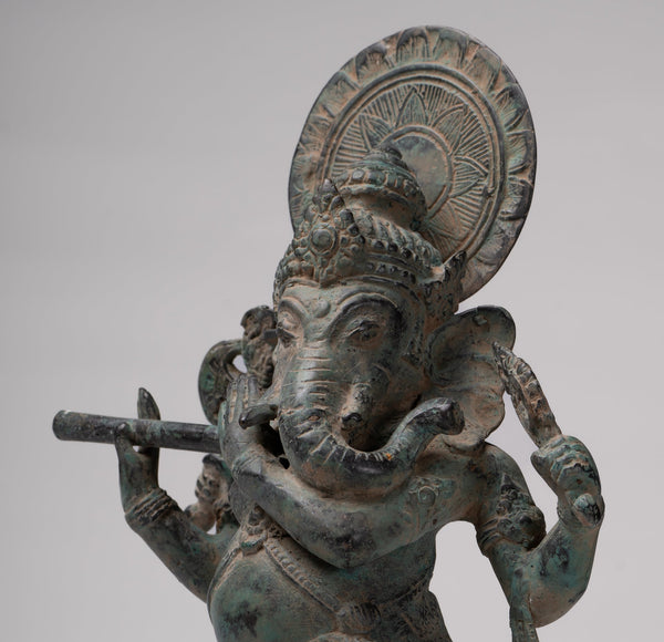 Ganesha Statue - Antique Javanese Style Bronze Dancing Indonesian Ganesha Statue Playing Flute - 38cm/15"