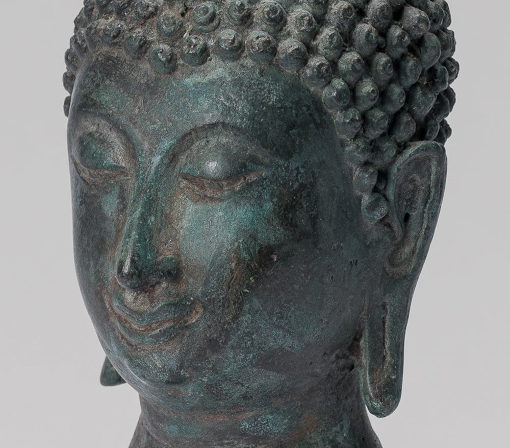 Buddha Head - Antique Thai Style Sukhothai Mounted Bronze Buddha Head - 22cm/9"