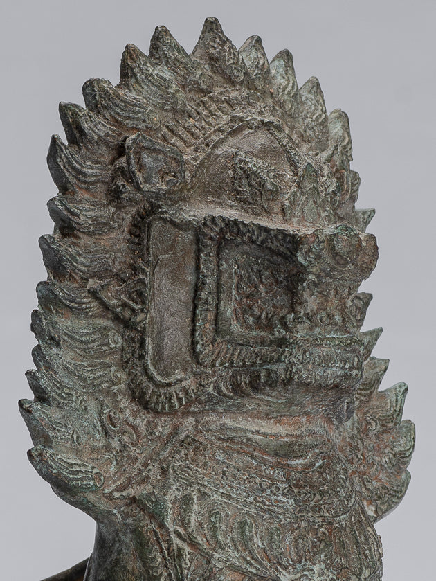 León del templo - León o guardián del templo Singha de pie de bronce antiguo de estilo tailandés - 19 cm/8"