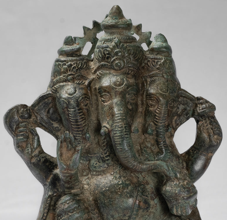 Antique Thai Style Bronze Tri Muhkthi Ganapathi Three Headed Ganesha Statue - 21cm/8"