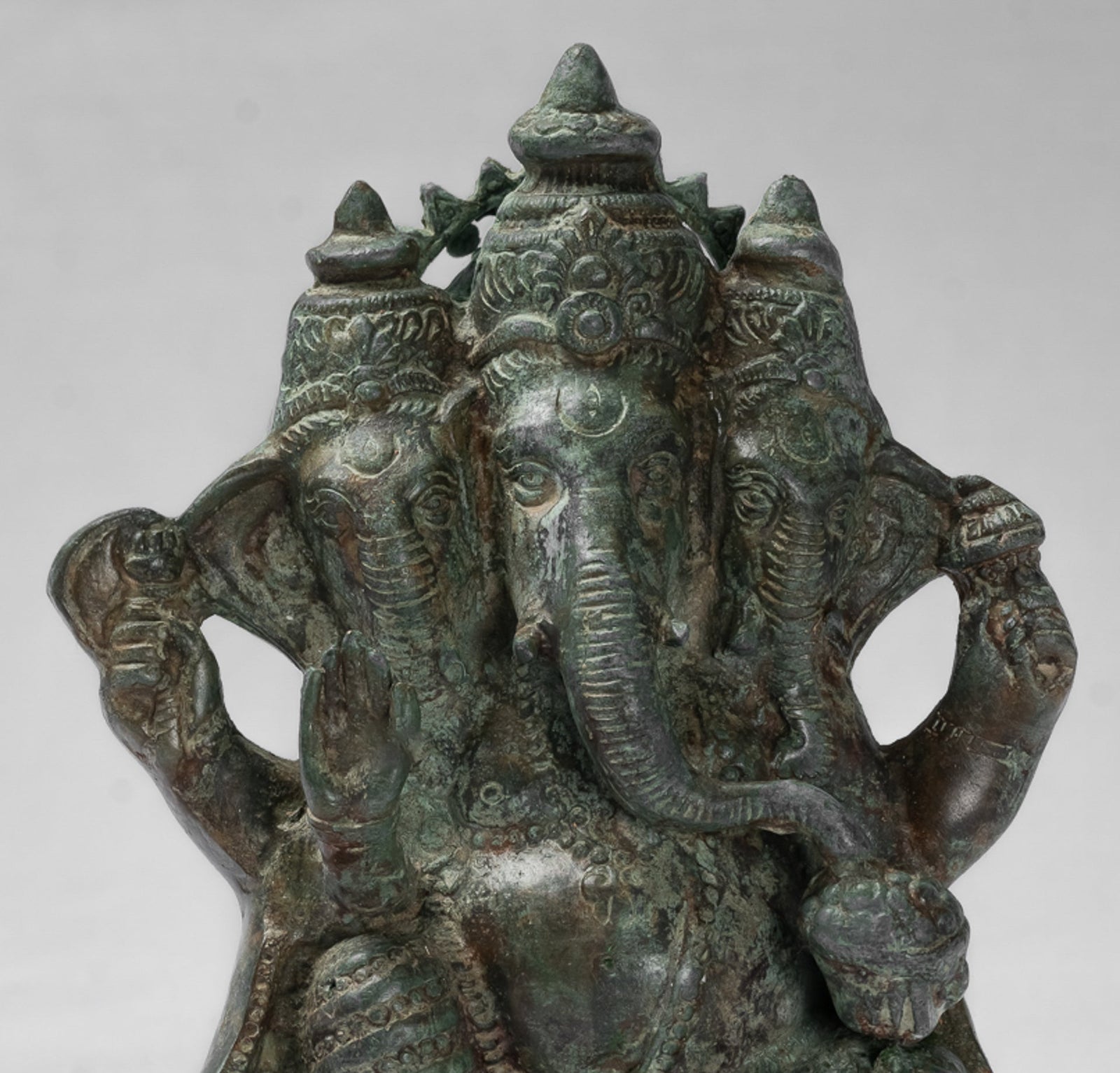 Antique Thai Style Bronze Tri Muhkthi Ganapathi Three Headed Ganesha Statue - 21cm/8"