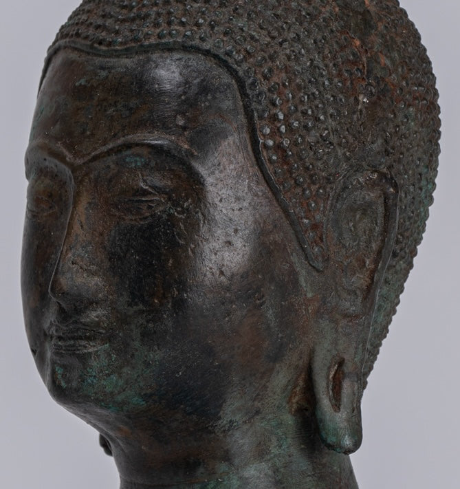 Buddha Head - Antique Thai Style Sukhothai Mounted Bronze Buddha Head - 22cm/9"