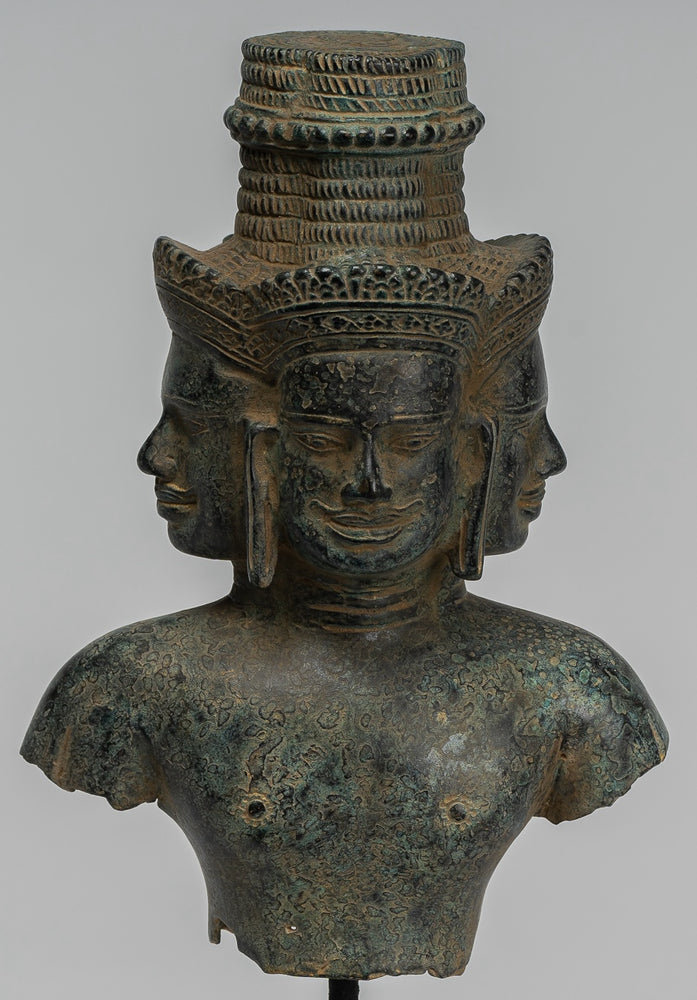 Brahma Statue - Antique Khmer Style Mounted Bronze Brahma Torso - Hindu God Creation - 28cm/11"