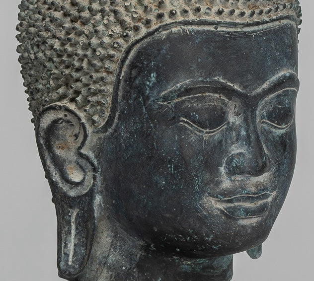 Estatua de Buda - Cabeza de Buda montada en bronce estilo jemer antiguo - 29 cm/12"