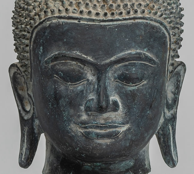 Buddha Statue - Antique Khmer Style Bronze Mounted Buddha Head - 29cm/12"