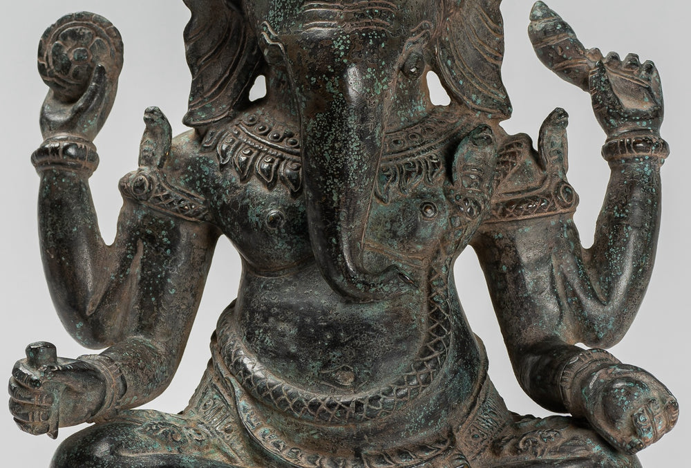 Ganesha Statue - Antique Khmer Style Baphuon Bronze Seated Four Arm Ganesh Statue - 33cm/13"