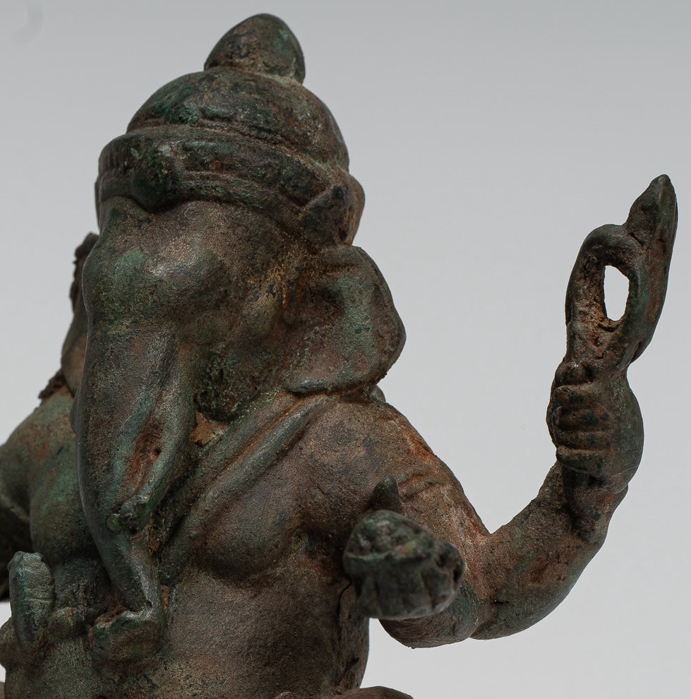 Ganesha Statue - Antique Thai Style Bronze Seated 4-Arm Ganesha Statue - 12cm/5"