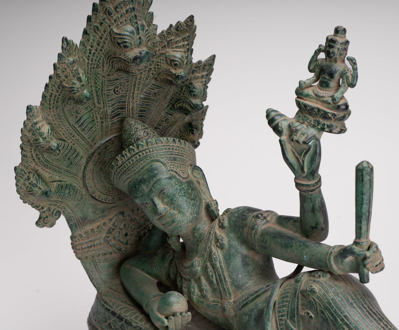 Antique Khmer Style Angkor Wat Bronze Reclining Vishnu Statue - 52cm/21" Long