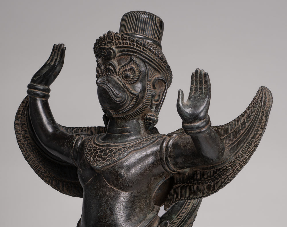 Antique Banteay Srei Style Seated Bronze Khmer Vishnu Garuda Statue - 71cm/28"