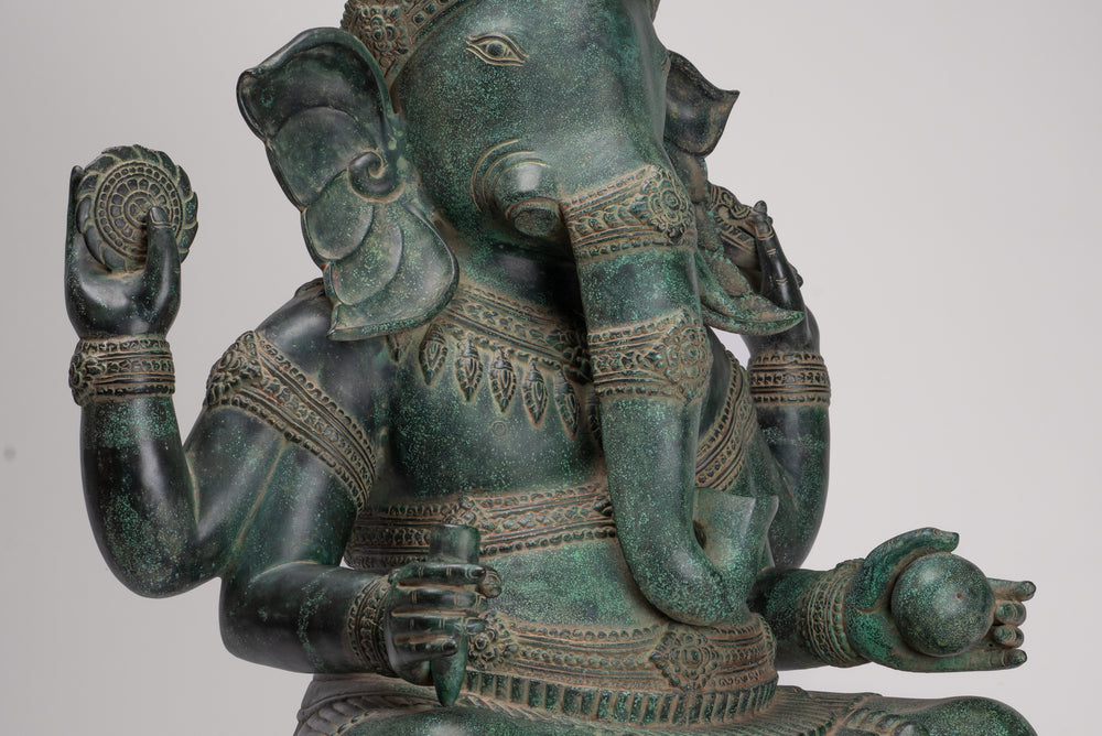 Large Ganesha Statue - Antique Khmer Style Angkor Wat Bronze Seated Four Arm Ganesh Statue - 74cm/30"