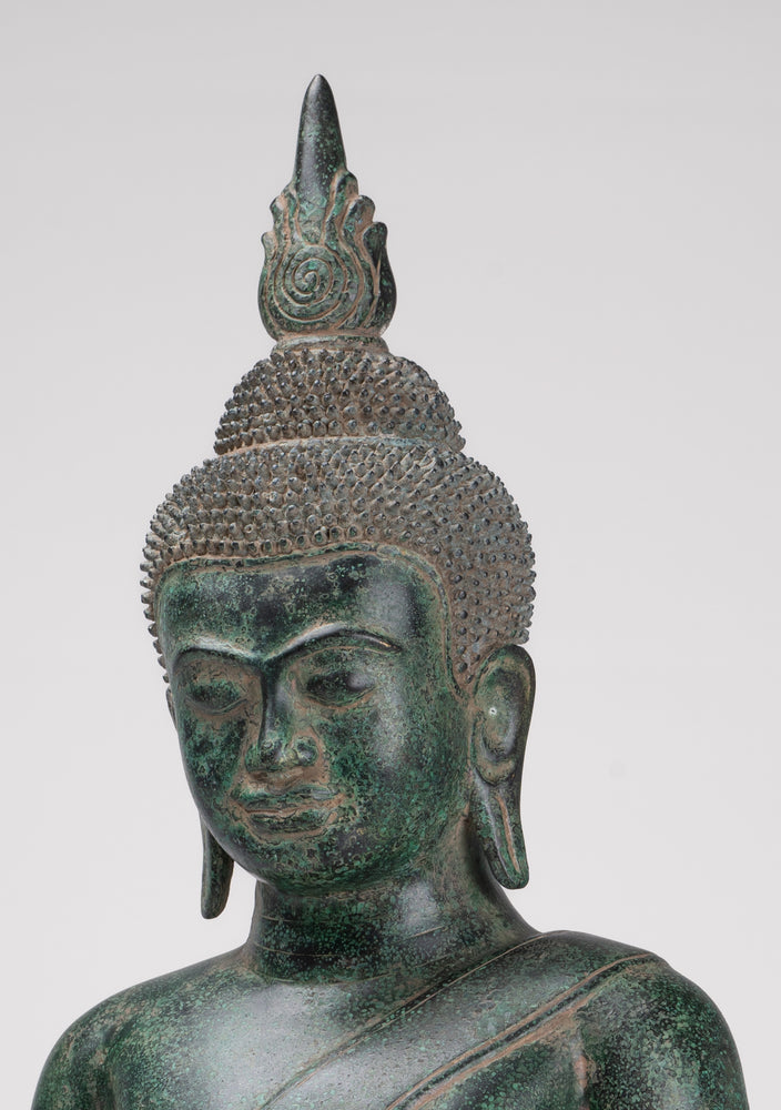 Buddha Statue - Antique Khmer Style Bronze Enthroned Enlightenment Buddha Statue - 50cm/20"