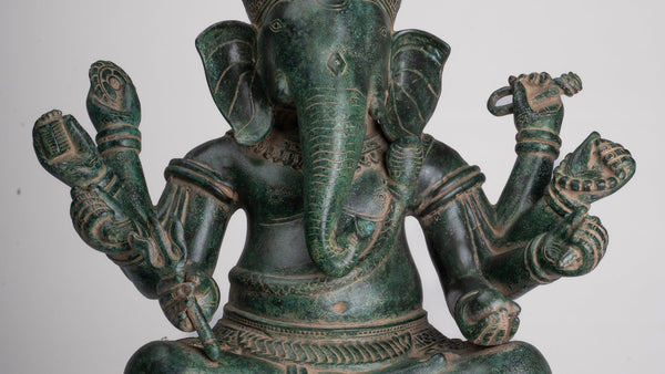Ganesha Statue - Antique Khmer Style Enthroned Angkor Wat 8 Arm Ganesh Statue - 40cm/16"