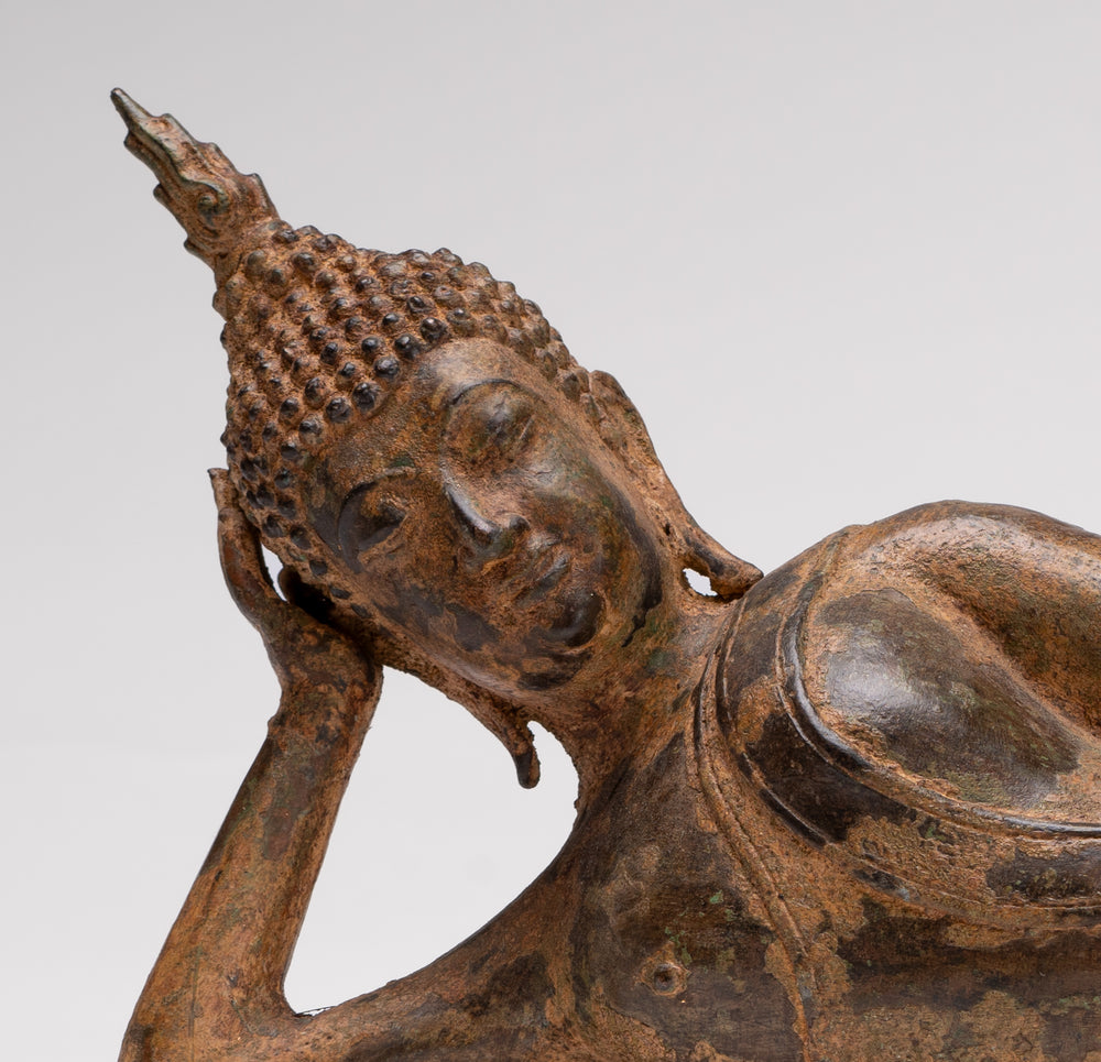 Buddha Statue - Antique Thai Style Bronze Sukhothai Reclining Nirvana Buddha Statue - 43cm/17"