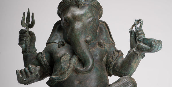 Ganesha Statue - Antique Thai Style Bronze Seated 4-Arm Ganesha Statue - 45cm/18"