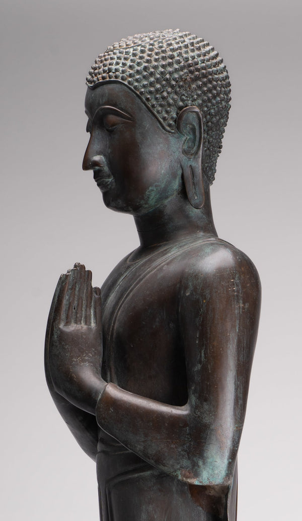 Antique Thai Style Standing Wood Adoration Standing Monk Statue - 100cm/40"