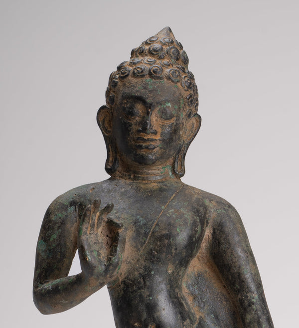 Buddha Statue - Antique Thai Style Standing Bronze Mon Dvaravati Teaching Buddha Statue - 32cm/13"