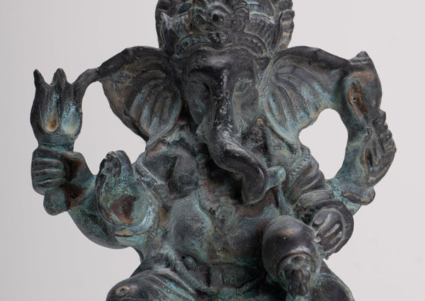 Ganesha Statue - Antique Thai Style Bronze Seated 4-Arm Vara Ganapati Statue - 15.5cm/6"