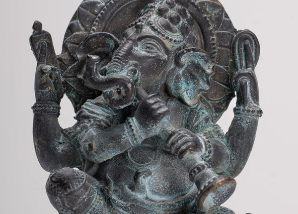 Ganesh - Antique Thai Style Bronze Seated Ganesh Statue - 15.5cm/6"