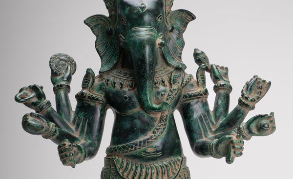Ganesha Statue - Antique Khmer Style Bronze Angkor Wat Ganesha Statue on Yoni - 55cm/22"