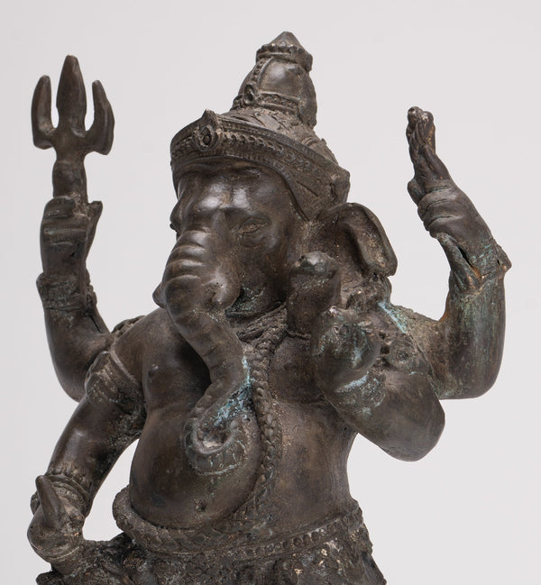 Ganesha Statue - Antique Thai Style Bronze Standing 4-Arm Ganesha Statue - 26cm/10"