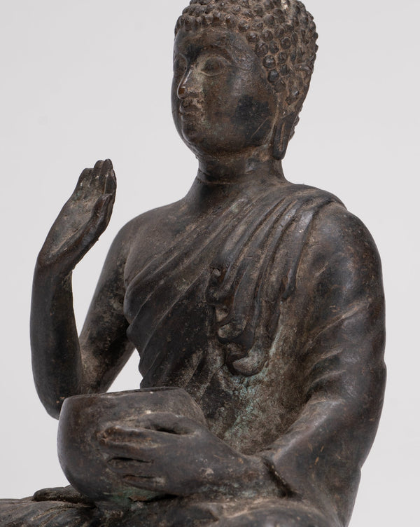 Antique Thai Style Bronze Chiang Saen Abhaya Protection Buddha Statue - 22cm/9"
