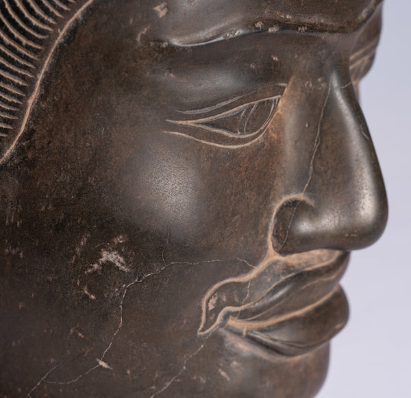 Vishnu Statue - Antique Banteay Srei Style Stone Mounted Khmer Vishnu Head - 44cm / 18"