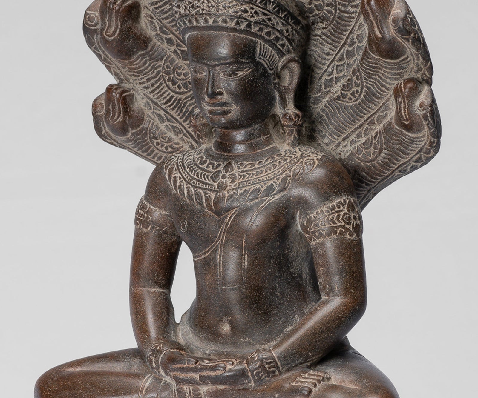 Buddha Statue - Antique Bayon Style Khmer Stone Seated Naga Meditation Buddha - 38cm/15"