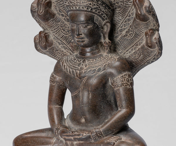 Buddha Statue - Antique Bayon Style Khmer Stone Seated Naga Meditation Buddha - 38cm/15"
