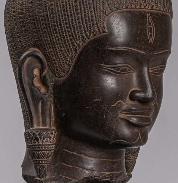 Shiva Statue - Antique Baphuon Style Khmer Stone Shiva Head Statue - The Destroyer - 58cm/23"