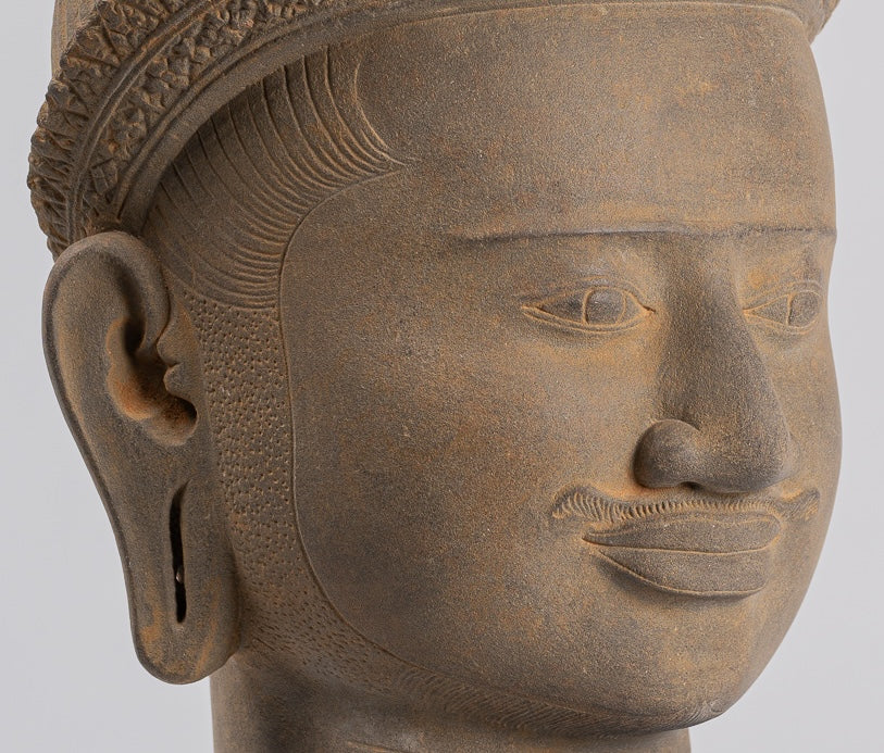 Vishnu Statue - Antique Koh Ker Style Stone Mounted Khmer Vishnu Head - 43cm / 17"