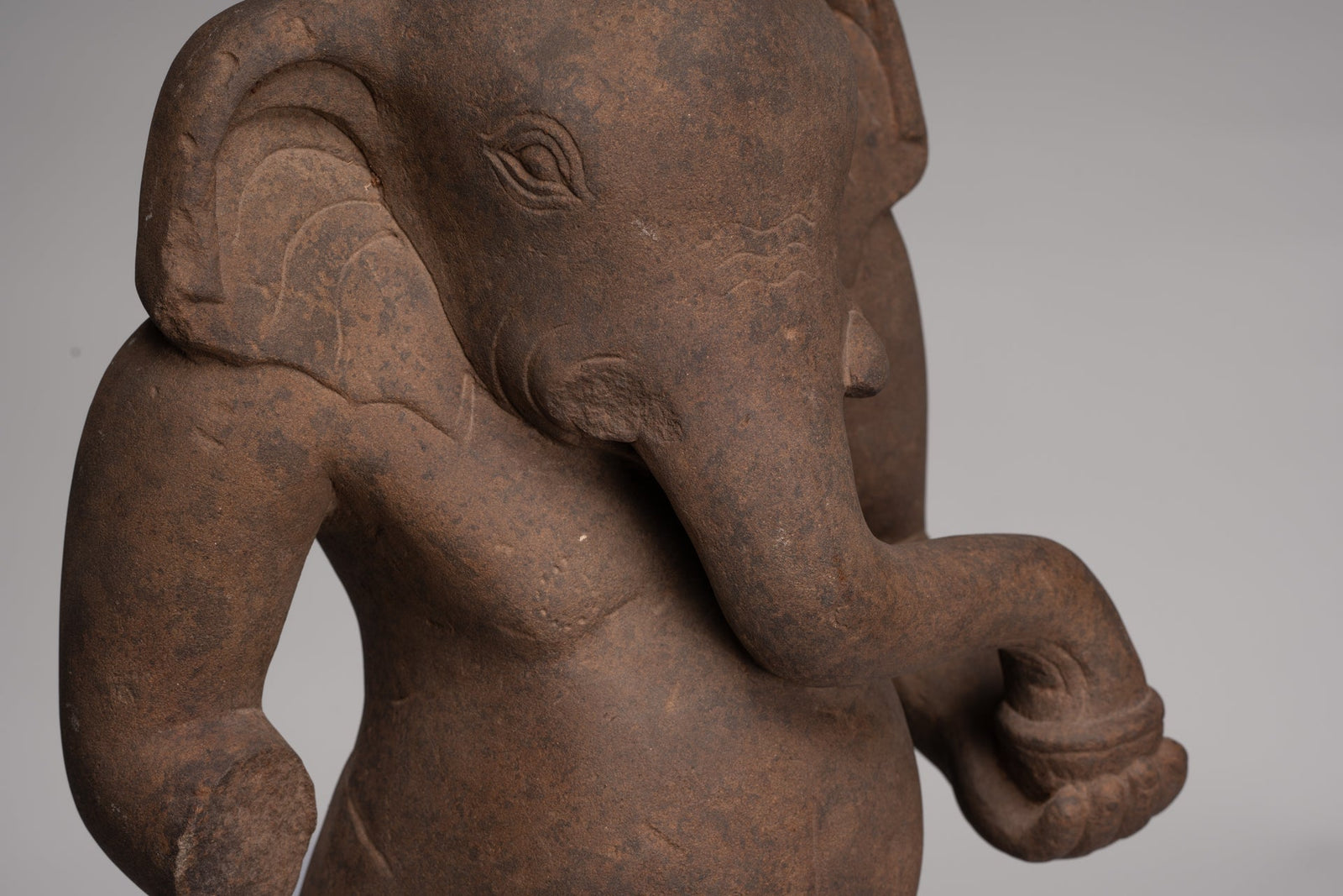 Ganesha Statue - Antique Vietnamese Style Stone Cham Mounted Ganesha Torso Statue - 67cm/27"