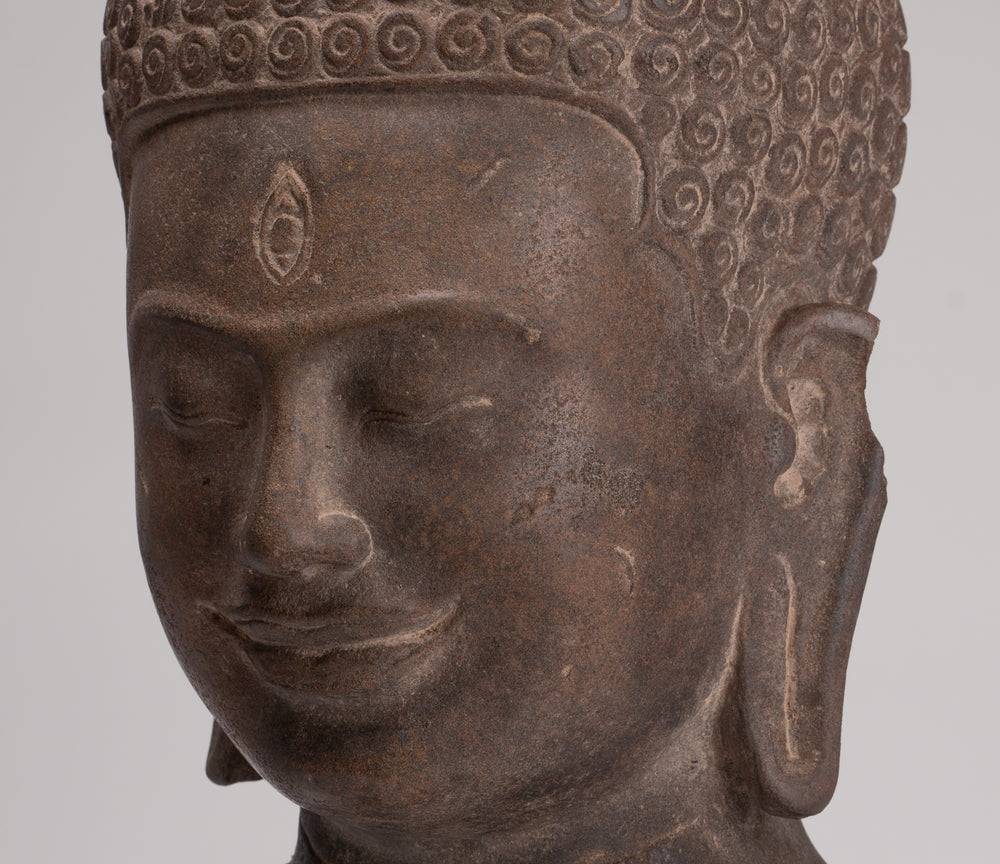 Lokeshvara Statue - Antique Khmer Style Mounted Stone Bayon Style Lokeshvara Head - 48cm/19"