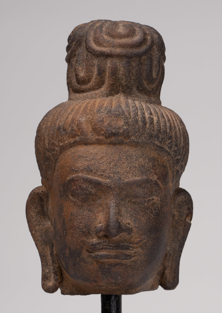 Vishnu Statue - Antique Prei Khmeng Style Stone Mounted Khmer Vishnu Head - 25cm / 10"