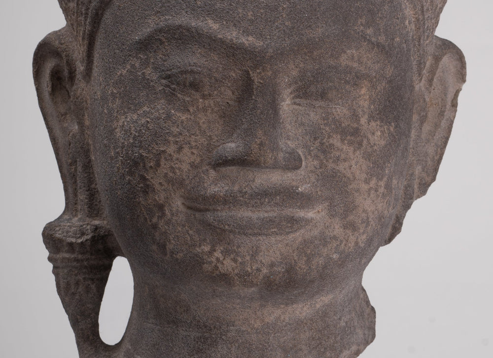 Jayavarman Statue - Antique Khmer Style Mounted Stone Jayavarman VII Head Statue - 53cm/21"