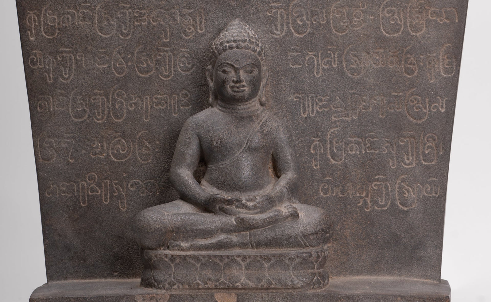 Buddha Statue - Antique Khmer Style Stone Stele Seated Meditation Buddha Statue - 61cm/24"