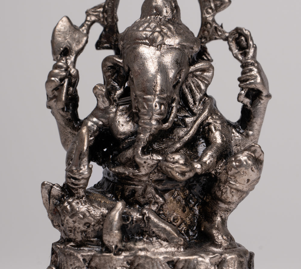 Ganesha Statue - Antique Thai Style Bronze Seated Silver Ganesha Statue - 10cm/4"