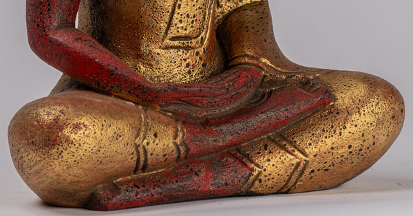 Buddha Sculpture - Antique Khmer Style Wood Seated Buddha Statue Dhyana Meditation Mudra - 27cm/11"