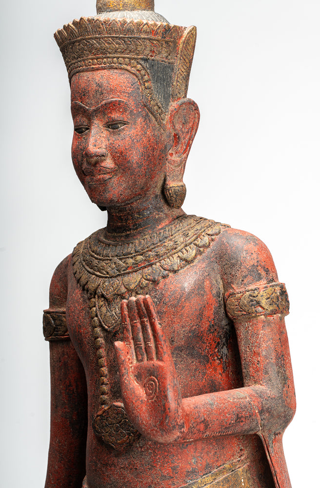 Estatua de Buda - Estatua de Buda de Lunes de Protección de Pie de Madera de Estilo Jemer Antiguo - 155cm/62"