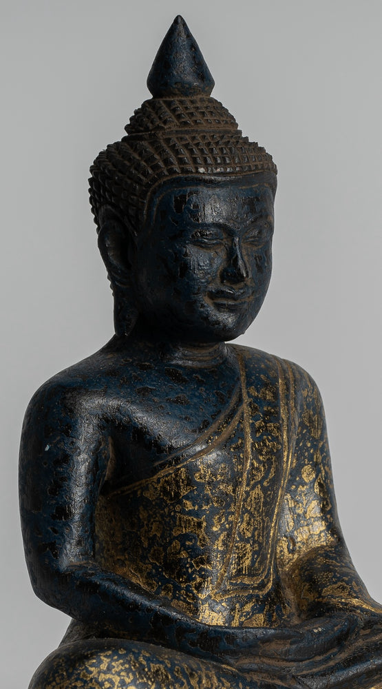 Buddha Sculpture - Antique Khmer Style Wood Seated Buddha Statue Dhyana Meditation Mudra - 20cm/8"