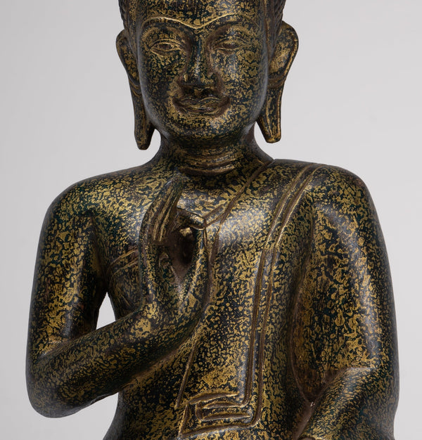 Buddha Statue - Antique Khmer Style Cambodia Seated Wood Buddha Statue Teaching Mudra - 32cm/13"