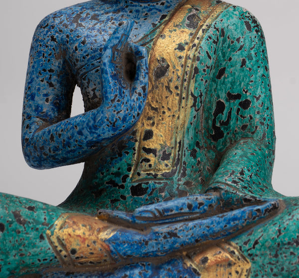 Buddha Statue - Antique Khmer Style Cambodia Seated Wood Buddha Statue Teaching Mudra - 27cm/11&quot;