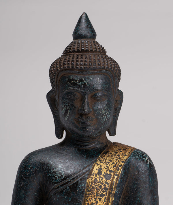 Buddha Sculpture - Antique Khmer Style Wood Seated Buddha Statue Dhyana Meditation Mudra - 27cm/11"