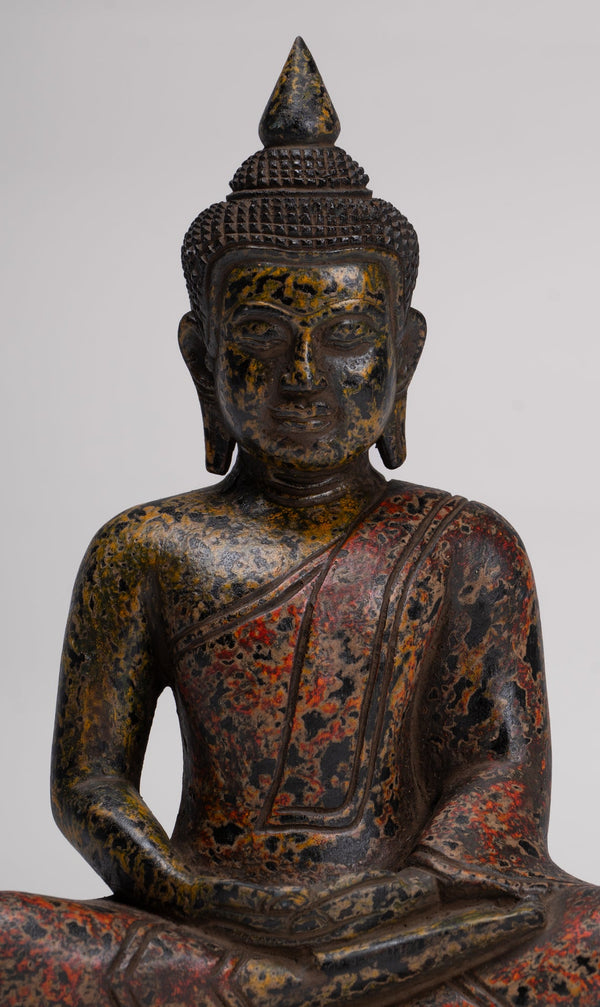 Buddha Sculpture - Antique Khmer Style Wood Seated Buddha Statue Dhyana Meditation Mudra - 26cm/10&quot;